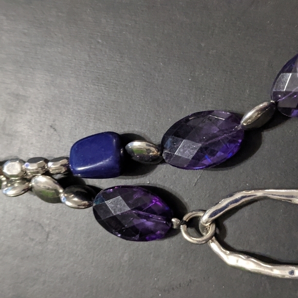 Silver Tone Blue Swirl and Purple Crystal Layered Statement Necklace - Picture 4 of 5